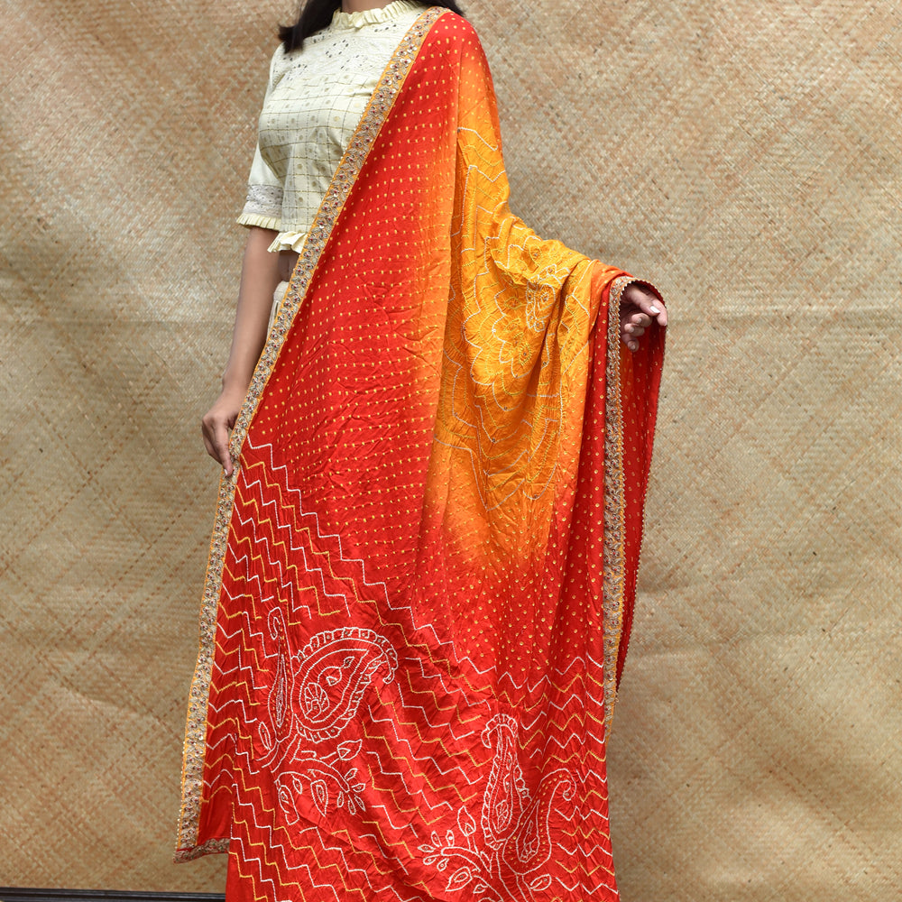 
                      
                        Bandhani on Gaji Silk Peeliya Dupatta with Zardozi
                      
                    