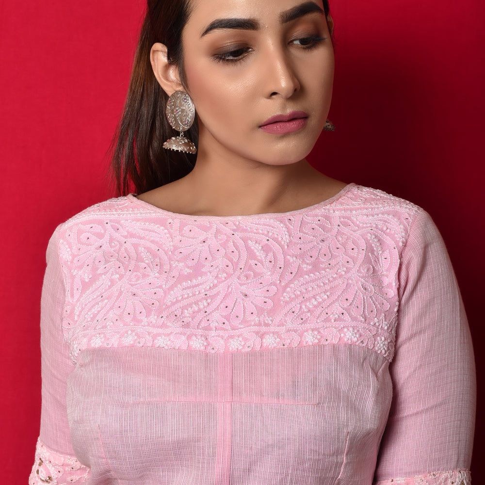 Chikankari Yoke Blouse in Baby Pink