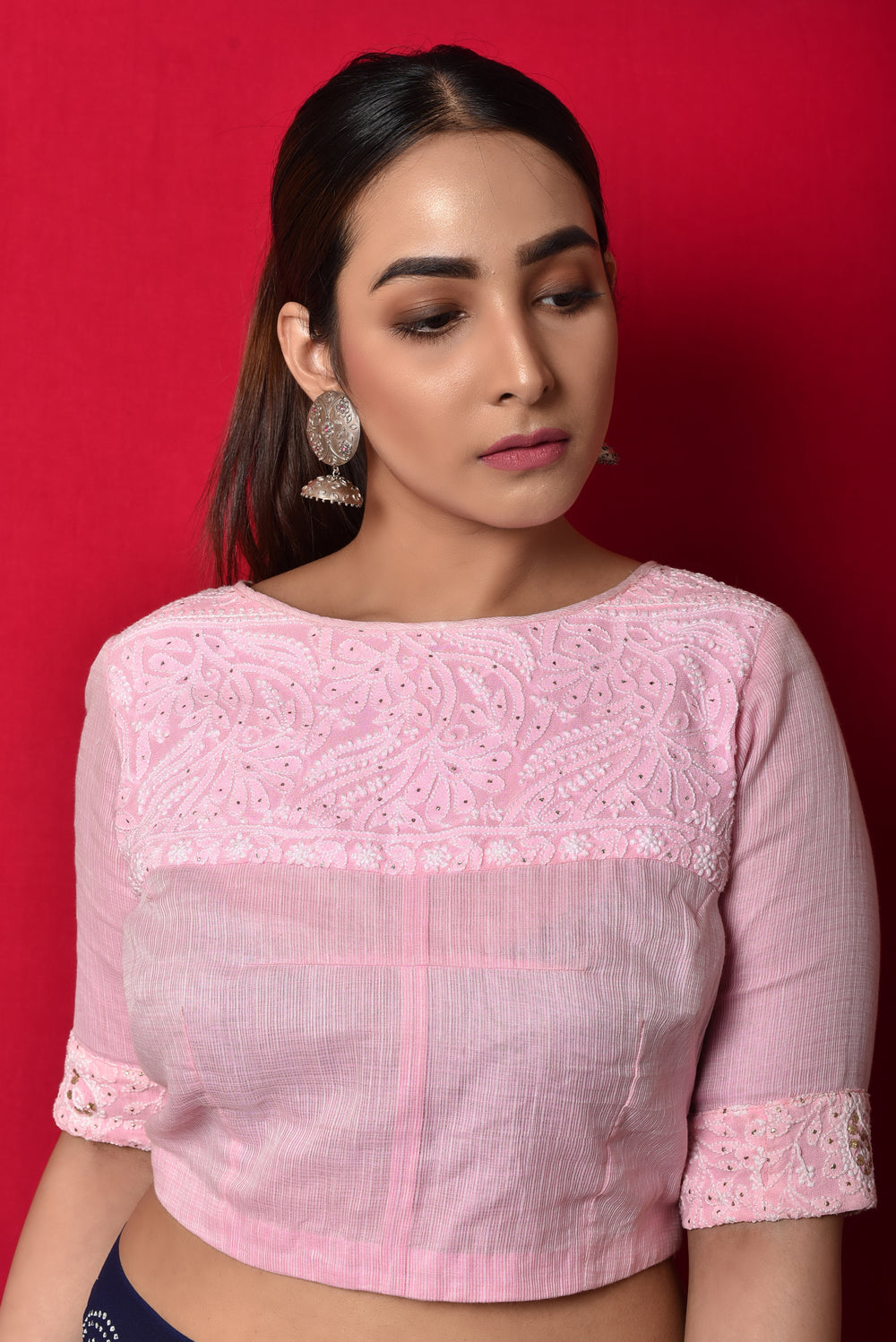 Chikankari Yoke Blouse in Baby Pink