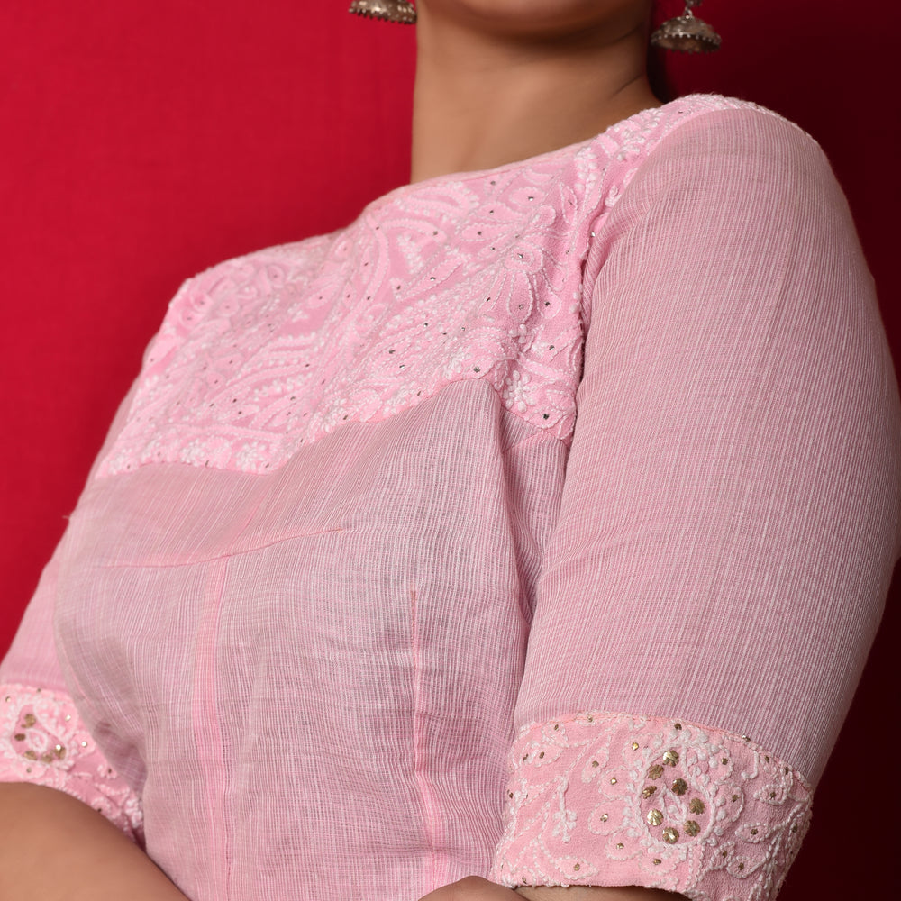 
                      
                        Chikankari Yoke Blouse in Baby Pink
                      
                    