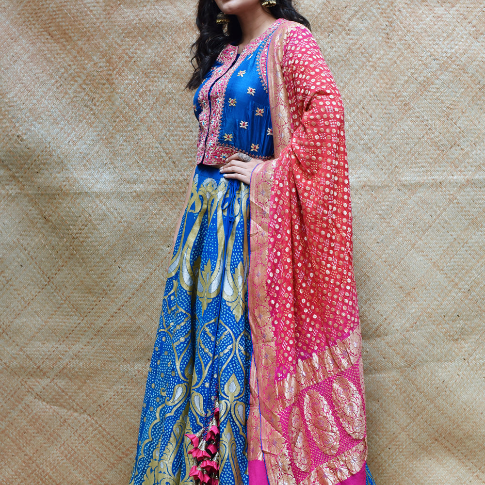 
                      
                        Bright Blue Banarasi Bandhani Lehenga Set
                      
                    