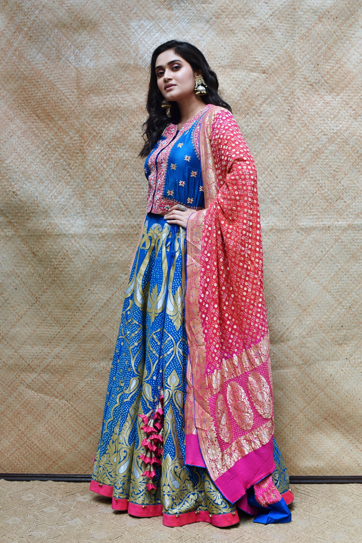 Bright Blue Banarasi Bandhani Lehenga Set