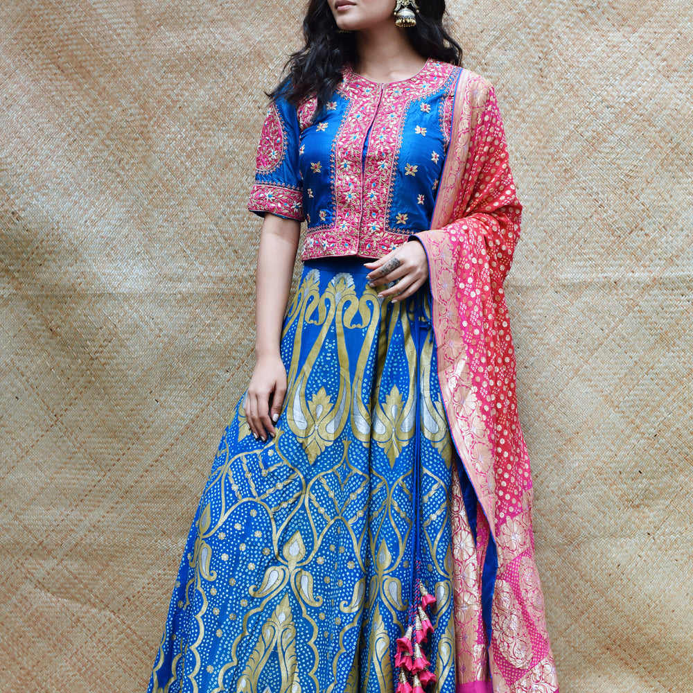 
                      
                        Bright Blue Banarasi Bandhani Lehenga Set
                      
                    