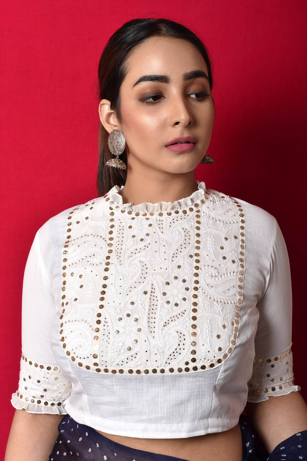 Classic Chikankari Mukaish Blouse in Georgette + Kota