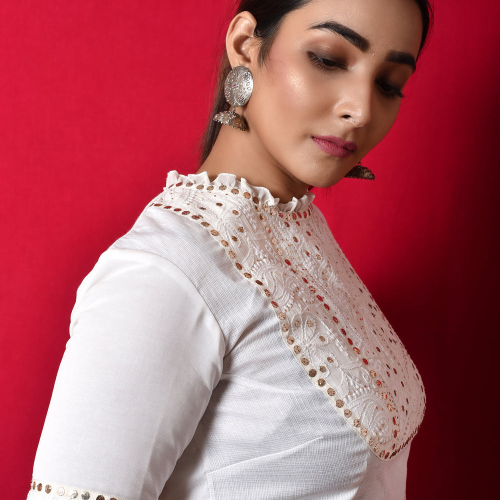 Classic Chikankari Mukaish Blouse in Georgette + Kota