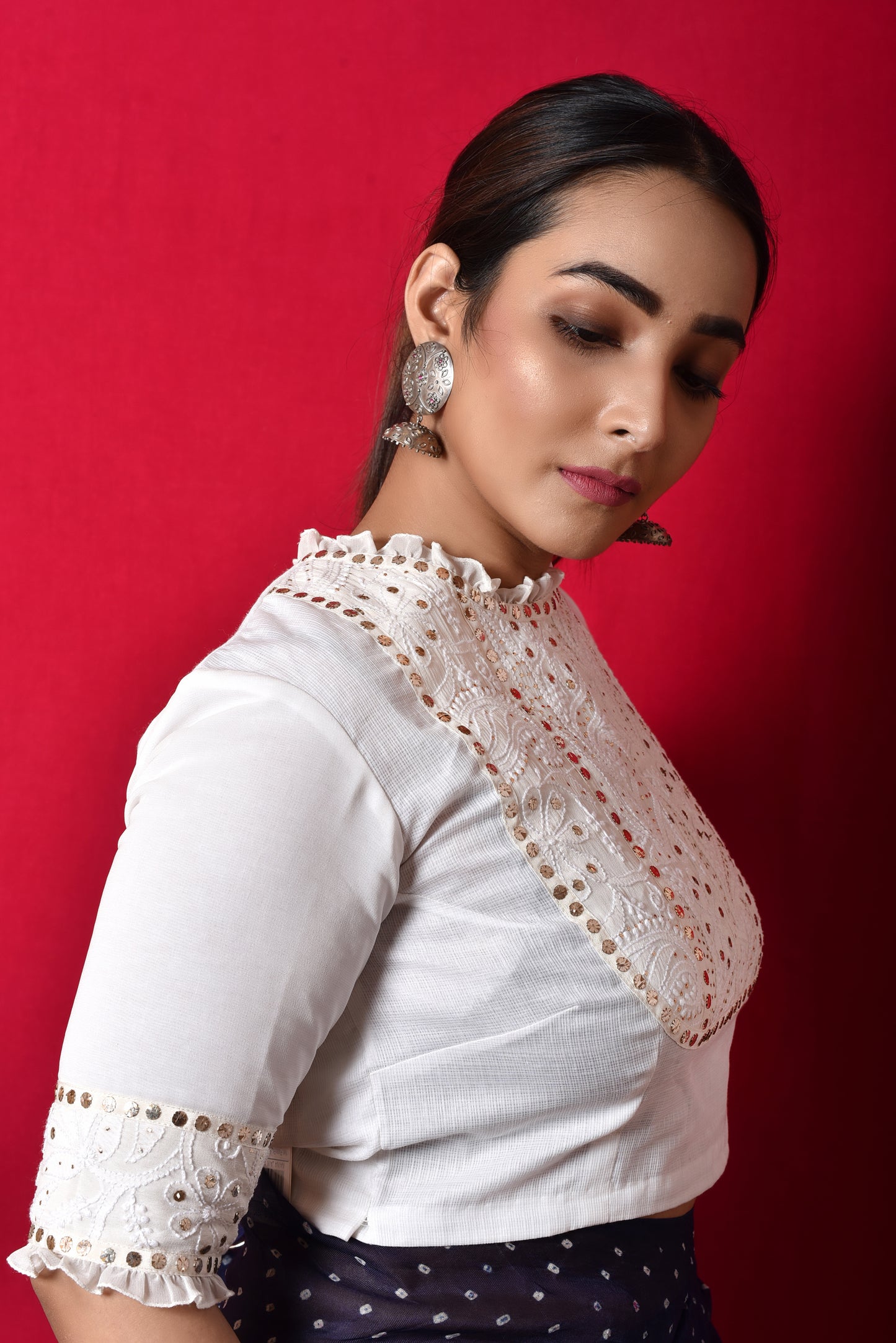 Classic Chikankari Mukaish Blouse in Georgette + Kota