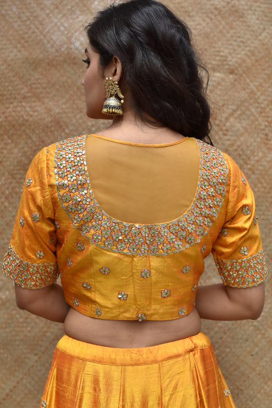 Bright Orange Raw Silk Lehenga Set with Banarasi Bandhani Dupatta