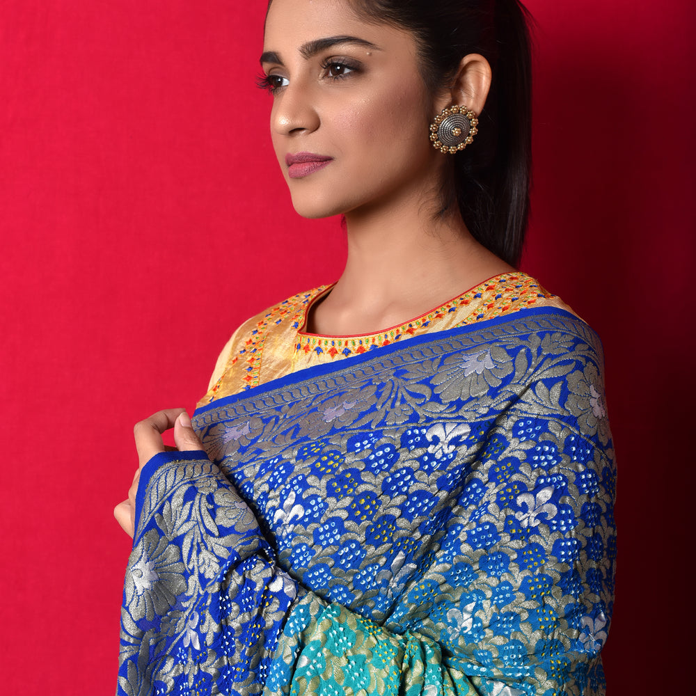 Gharchola Banarasi Bandhani Saree in Shades of Blue