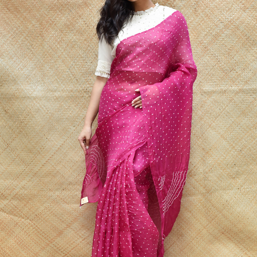 Bandhani on Organza Saree with Pattern on Pallu - Magenta