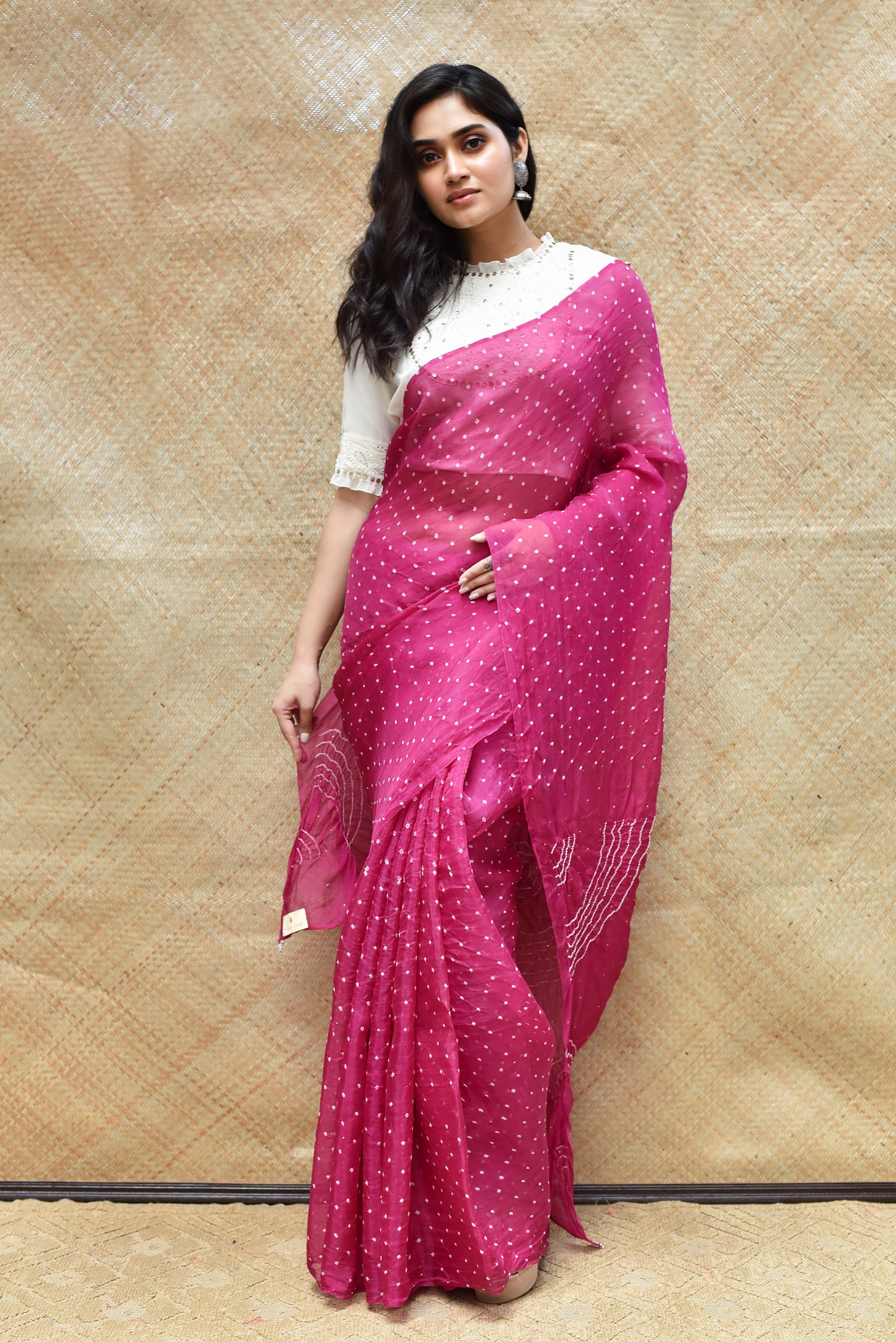 Bandhani on Organza Saree with Pattern on Pallu - Magenta