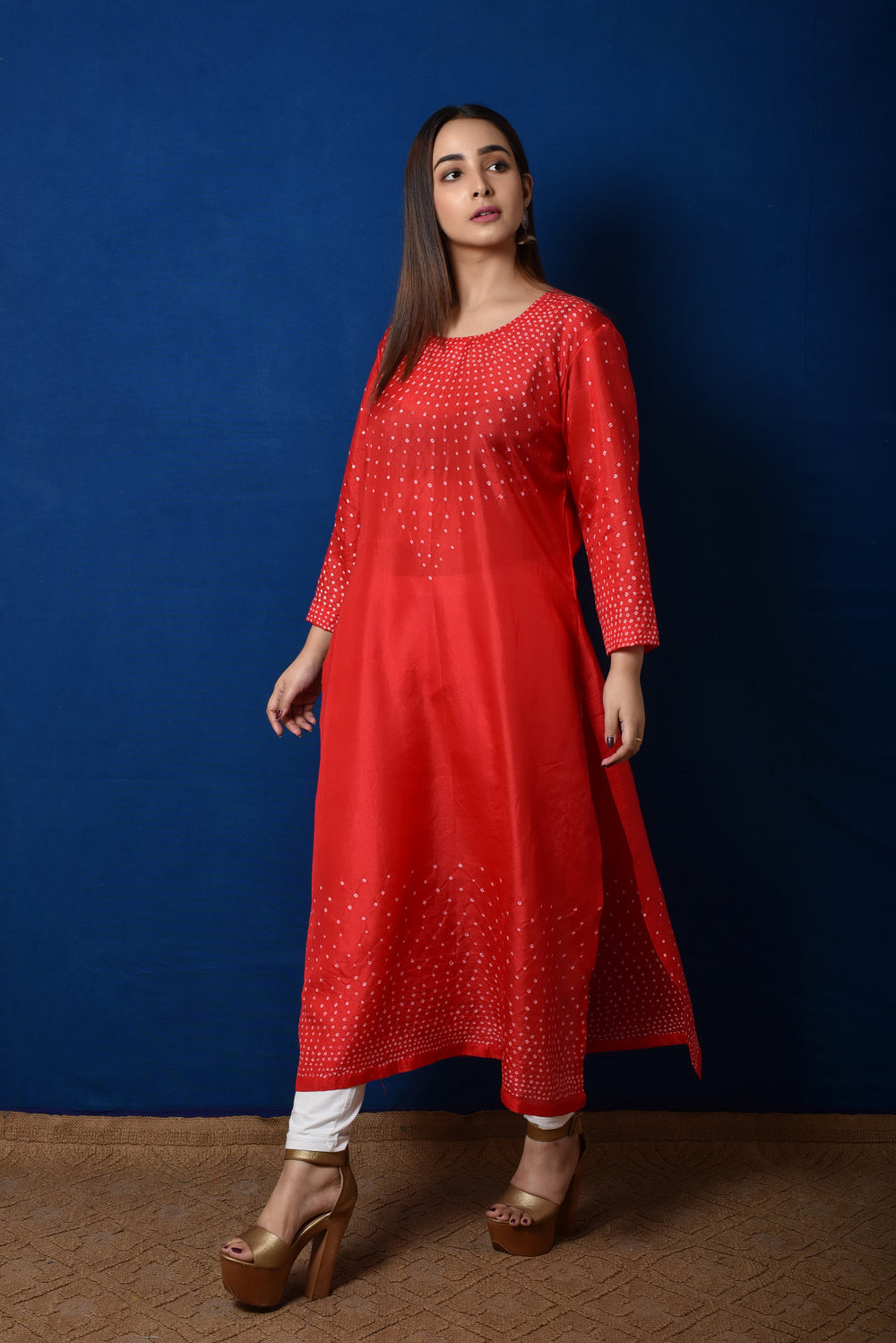 Radial Bandhani Design Kurta in Red