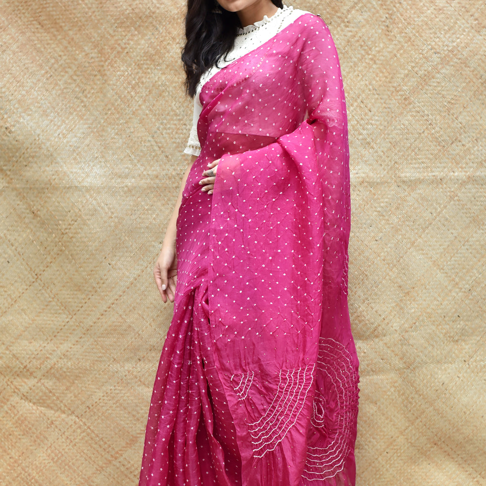 Bandhani on Organza Saree with Pattern on Pallu - Magenta