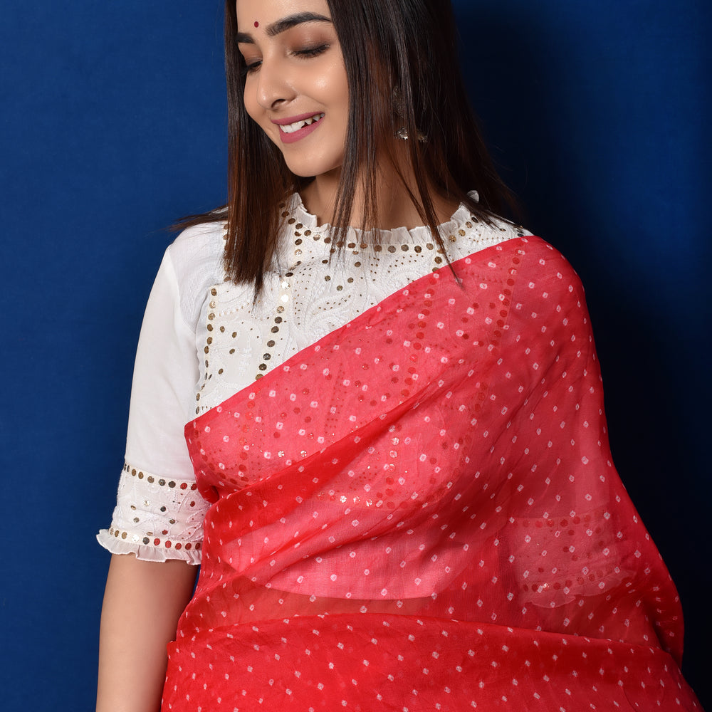 
                      
                        Bandhani on Organza Saree - Tomato Red
                      
                    