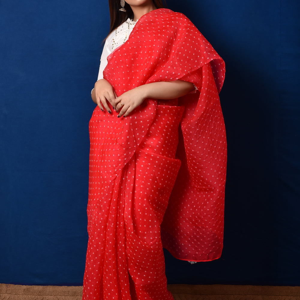 Bandhani on Organza Saree - Tomato Red