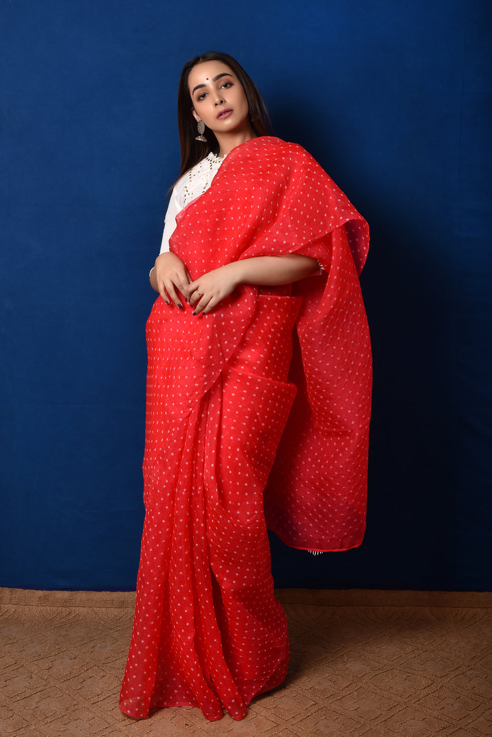 Bandhani on Organza Saree - Tomato Red