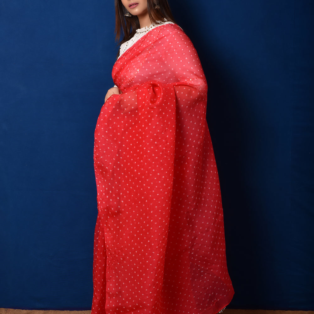 
                      
                        Bandhani on Organza Saree - Tomato Red
                      
                    