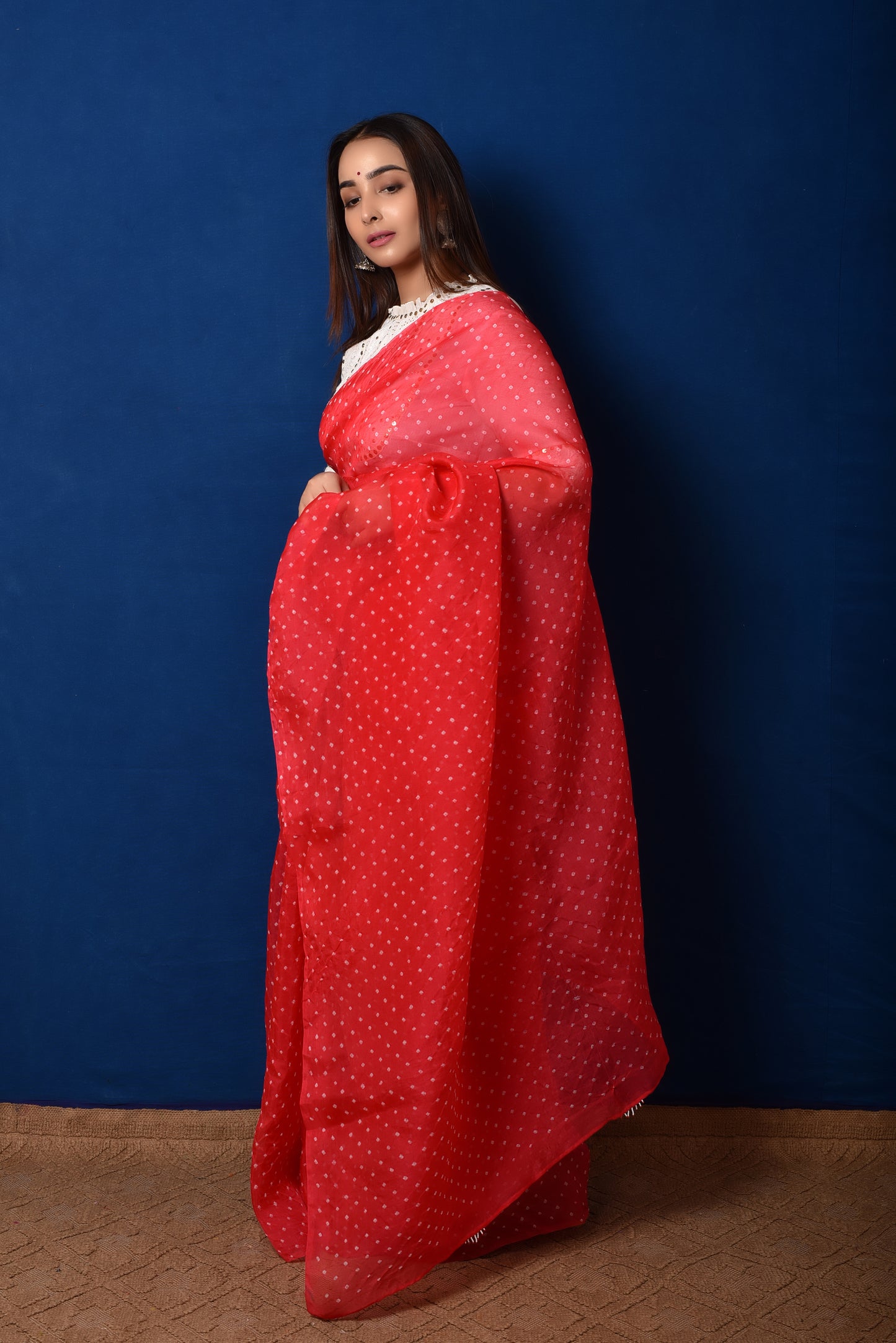 Bandhani on Organza Saree - Tomato Red