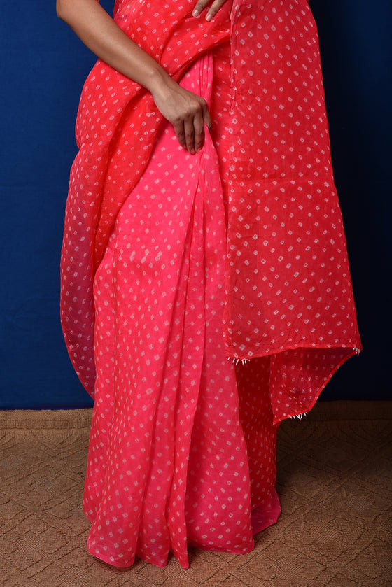 Bandhani on Organza Saree - Pink Red