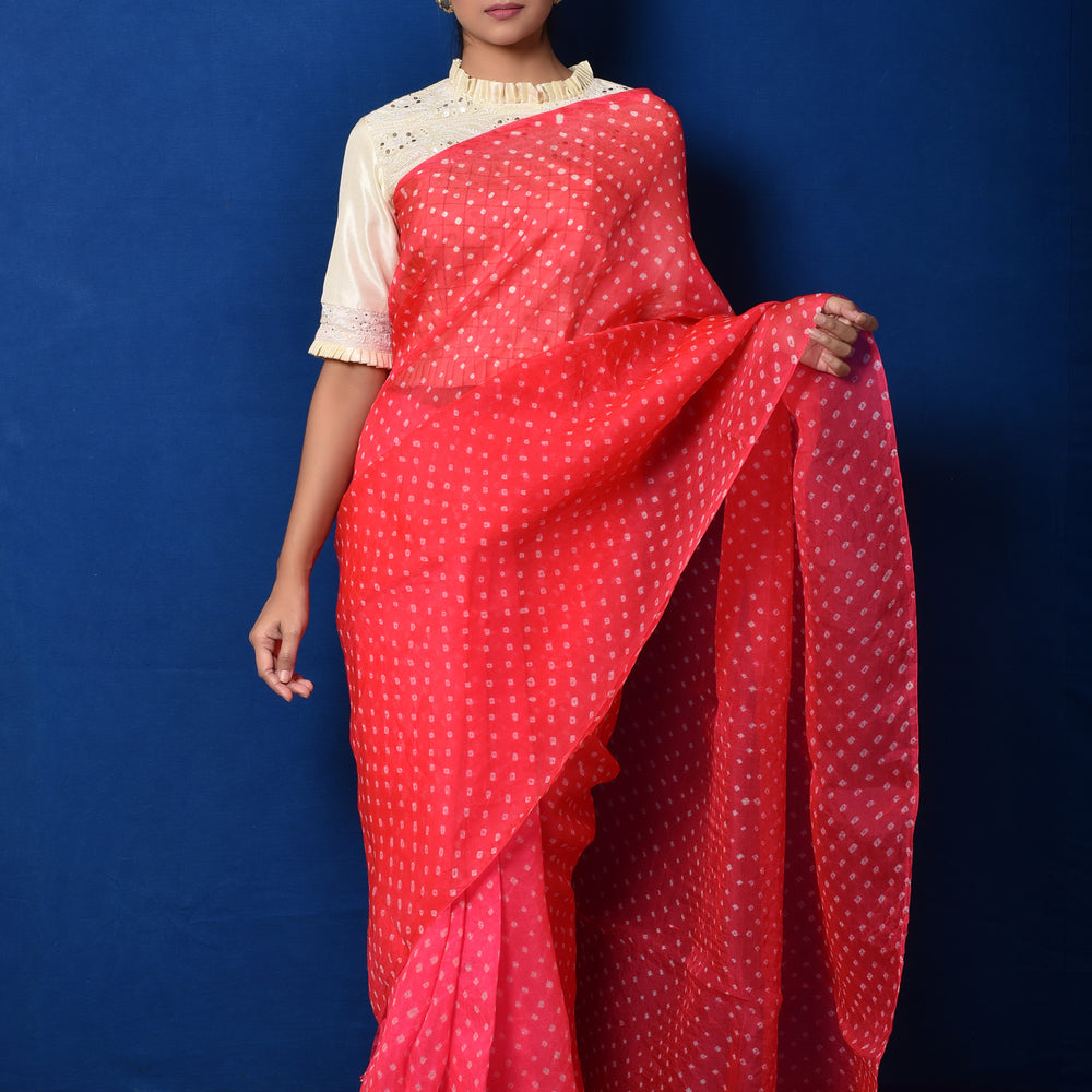 
                      
                        Bandhani on Organza Saree - Pink Red
                      
                    