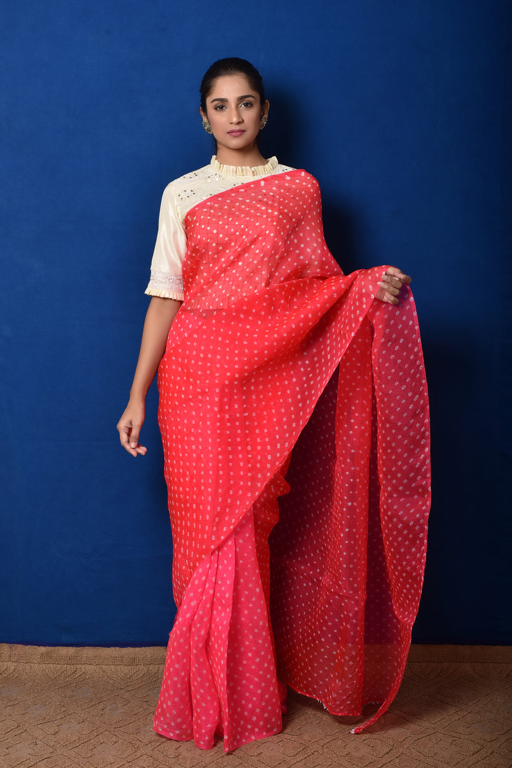 Bandhani on Organza Saree - Pink Red