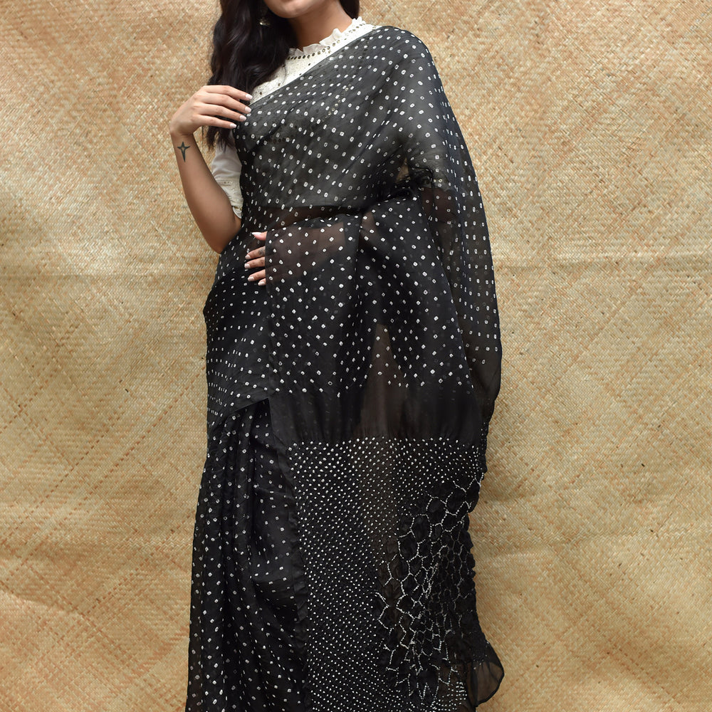 Bandhani on Organza with Pattern on Pallu - Black