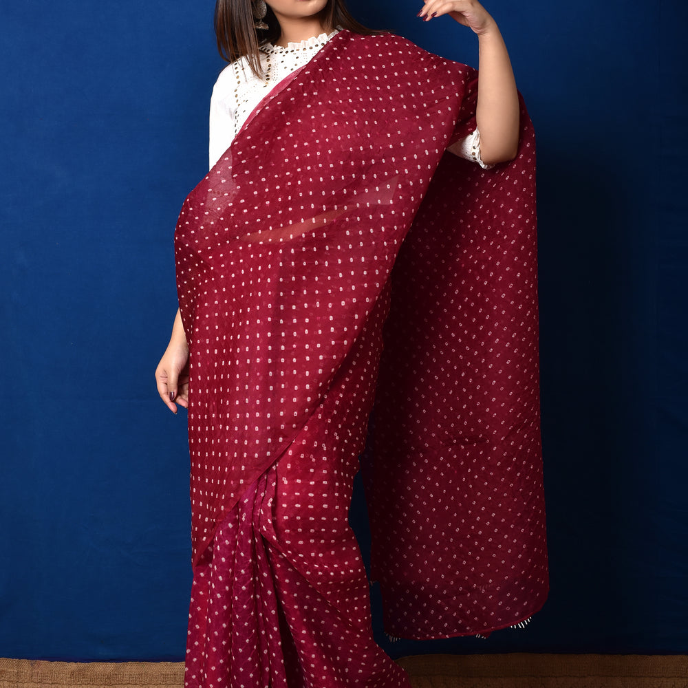 Bandhani on Organza Saree - Wine