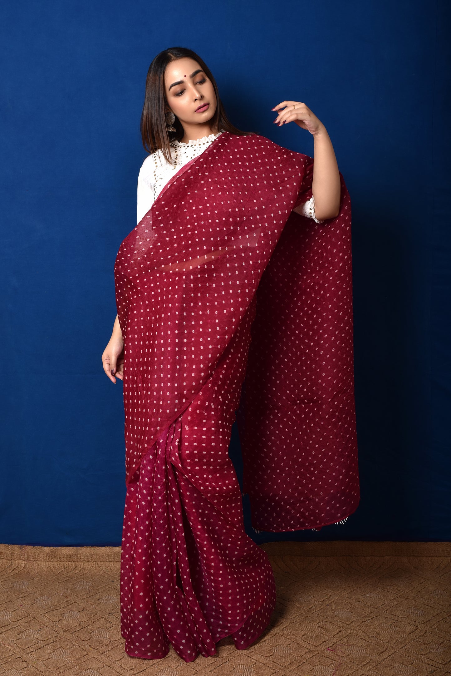 Bandhani on Organza Saree - Wine