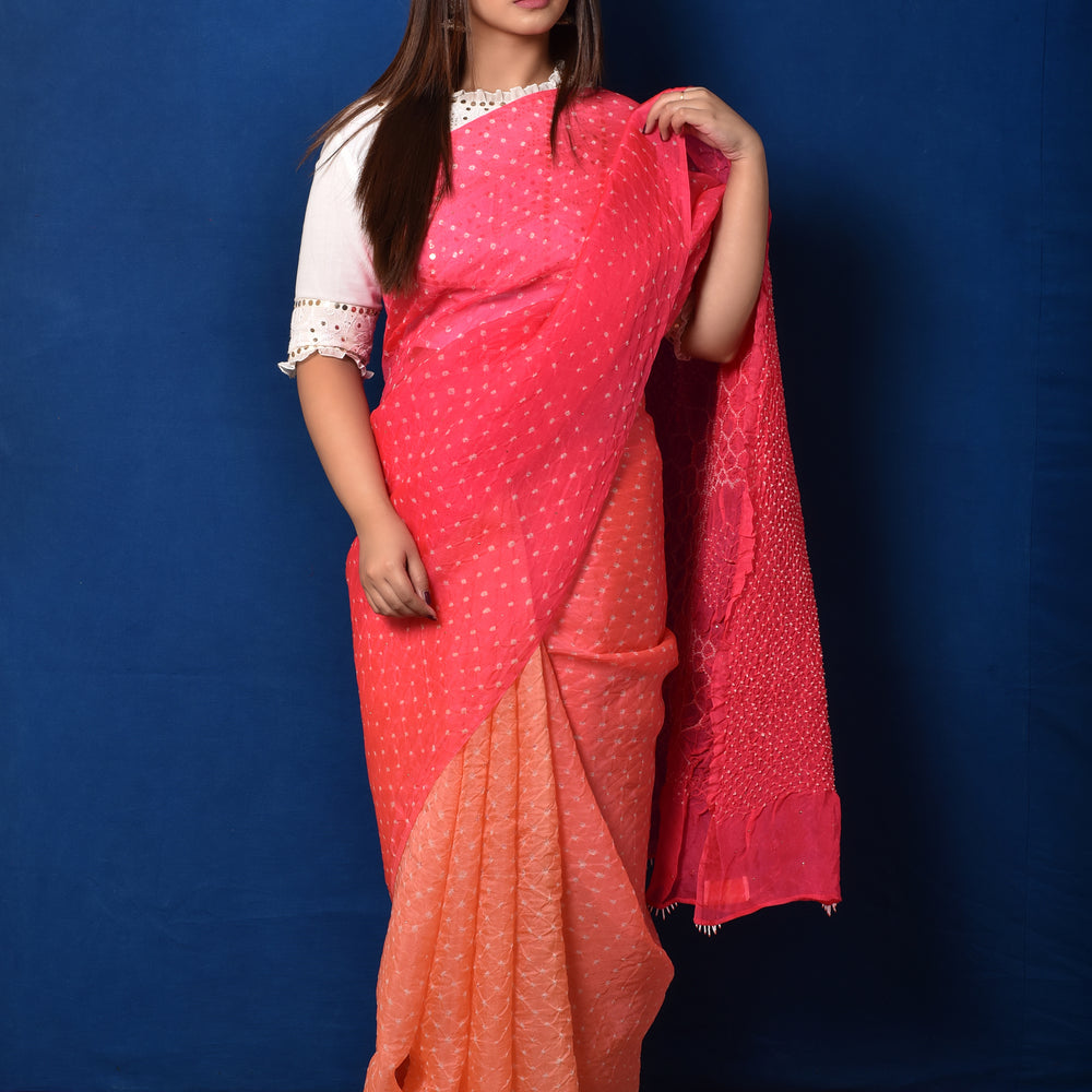 
                      
                        Bandhani on Organza with Pattern on Pallu - Peach Pink
                      
                    