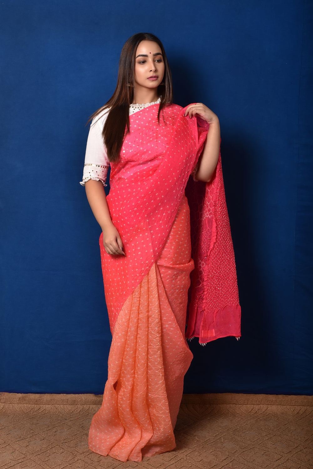 Bandhani on Organza with Pattern on Pallu - Peach Pink