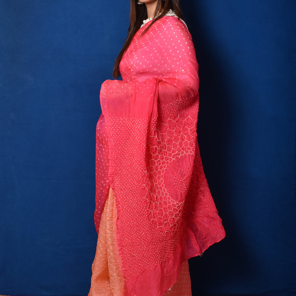 Bandhani on Organza with Pattern on Pallu - Peach Pink