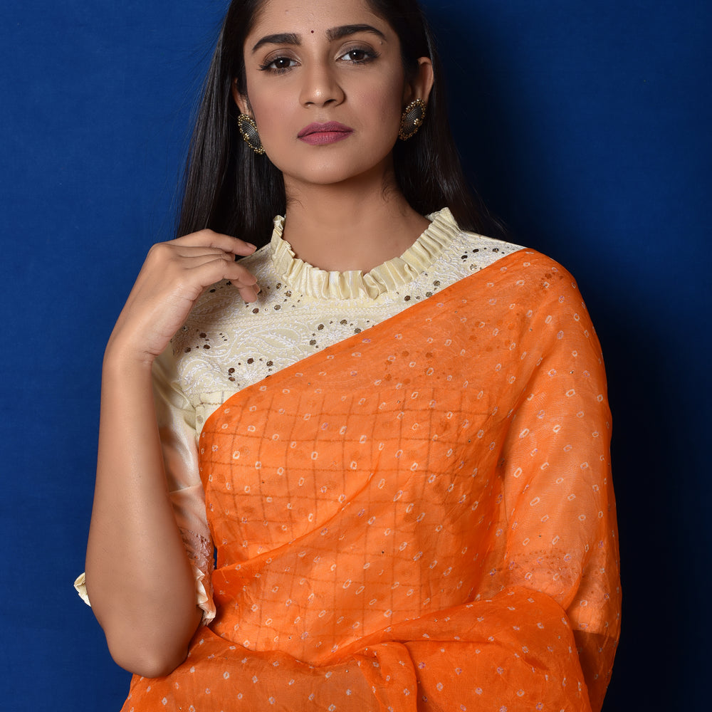 Bandhani on Organza Saree - Orange