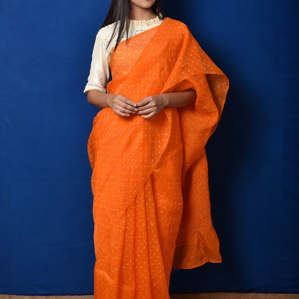 Bandhani on Organza Saree - Orange