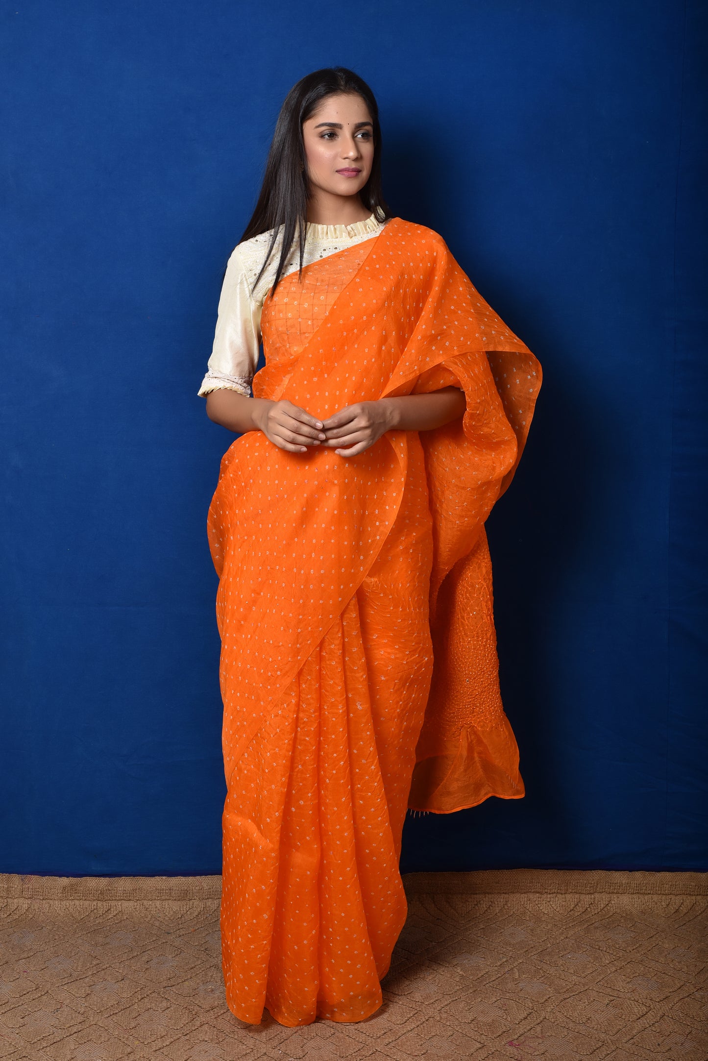 Bandhani on Organza Saree - Orange