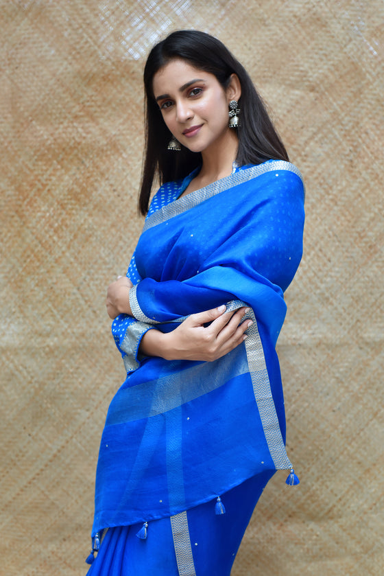 Shaded Organza Saree with Banarasi Bandhani Blouse - Blue