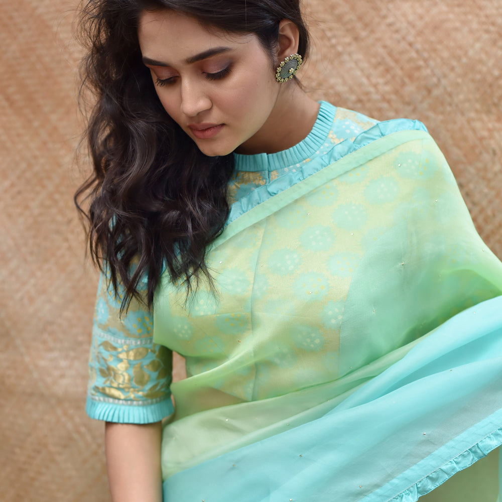 
                      
                        Shaded Organza Saree with Bandhani Blouse - Sky Blue + Green
                      
                    