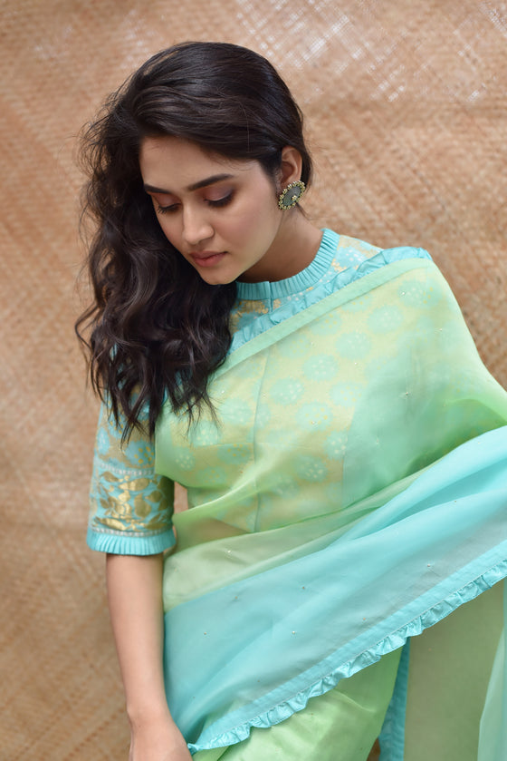 Shaded Organza Saree with Bandhani Blouse - Sky Blue + Green