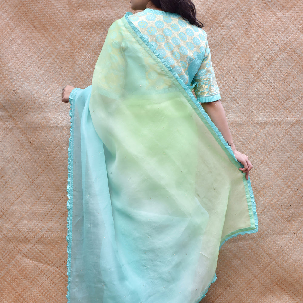 
                      
                        Shaded Organza Saree with Bandhani Blouse - Sky Blue + Green
                      
                    