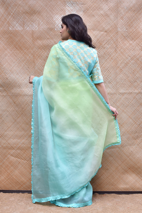 Sky blue and white handloom & hand dyed leheriya saree with gold sequi