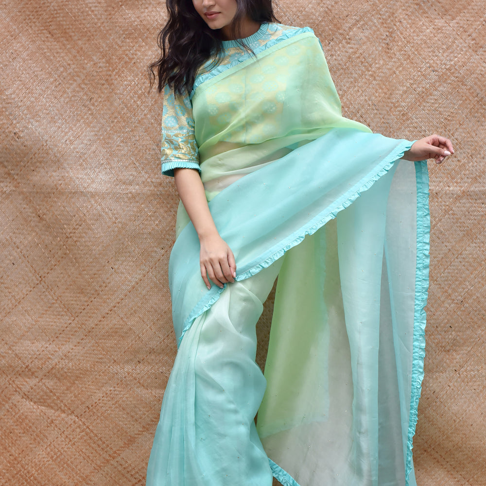 Shaded Organza Saree with Bandhani Blouse - Sky Blue + Green