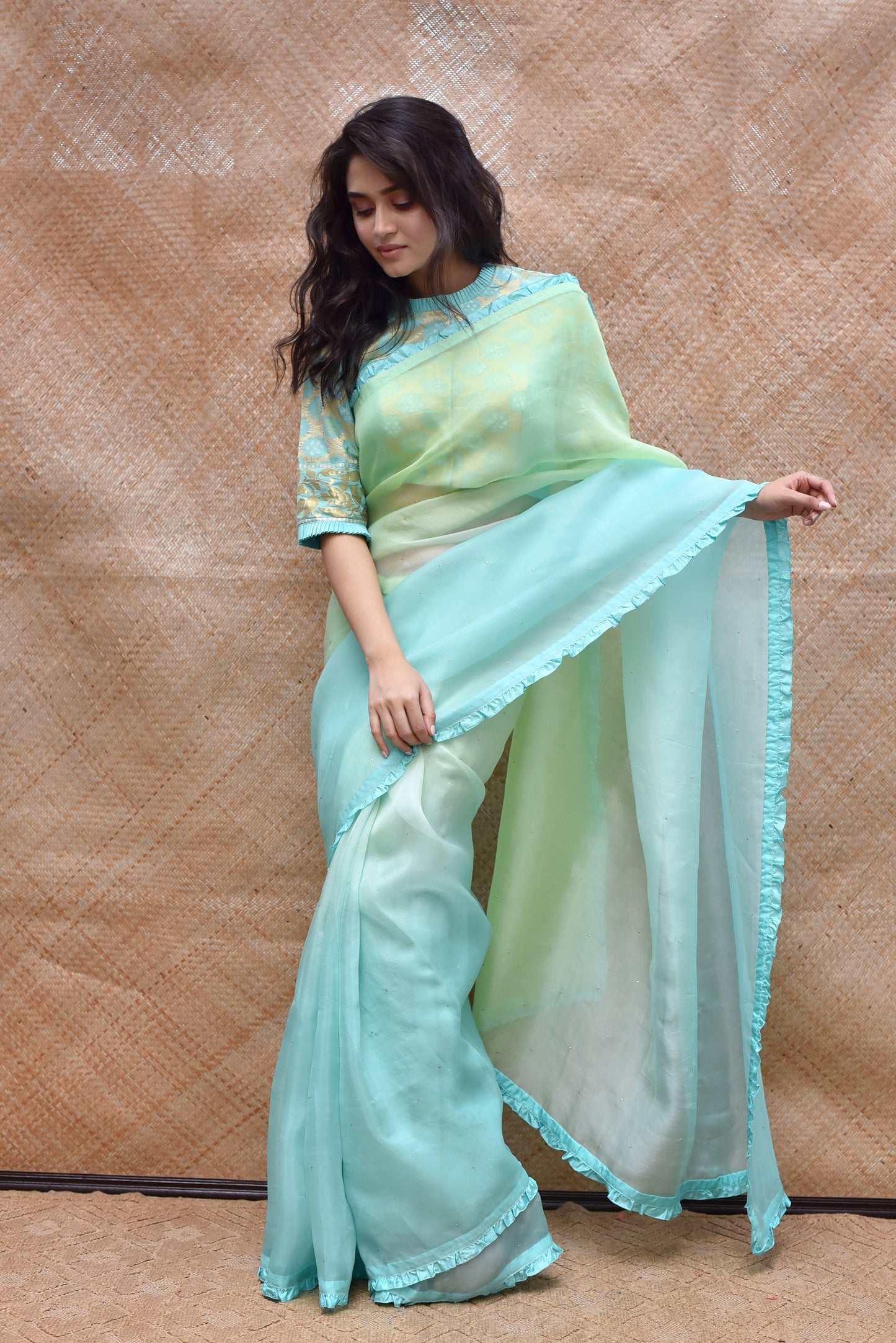 Shaded Organza Saree with Bandhani Blouse - Sky Blue + Green