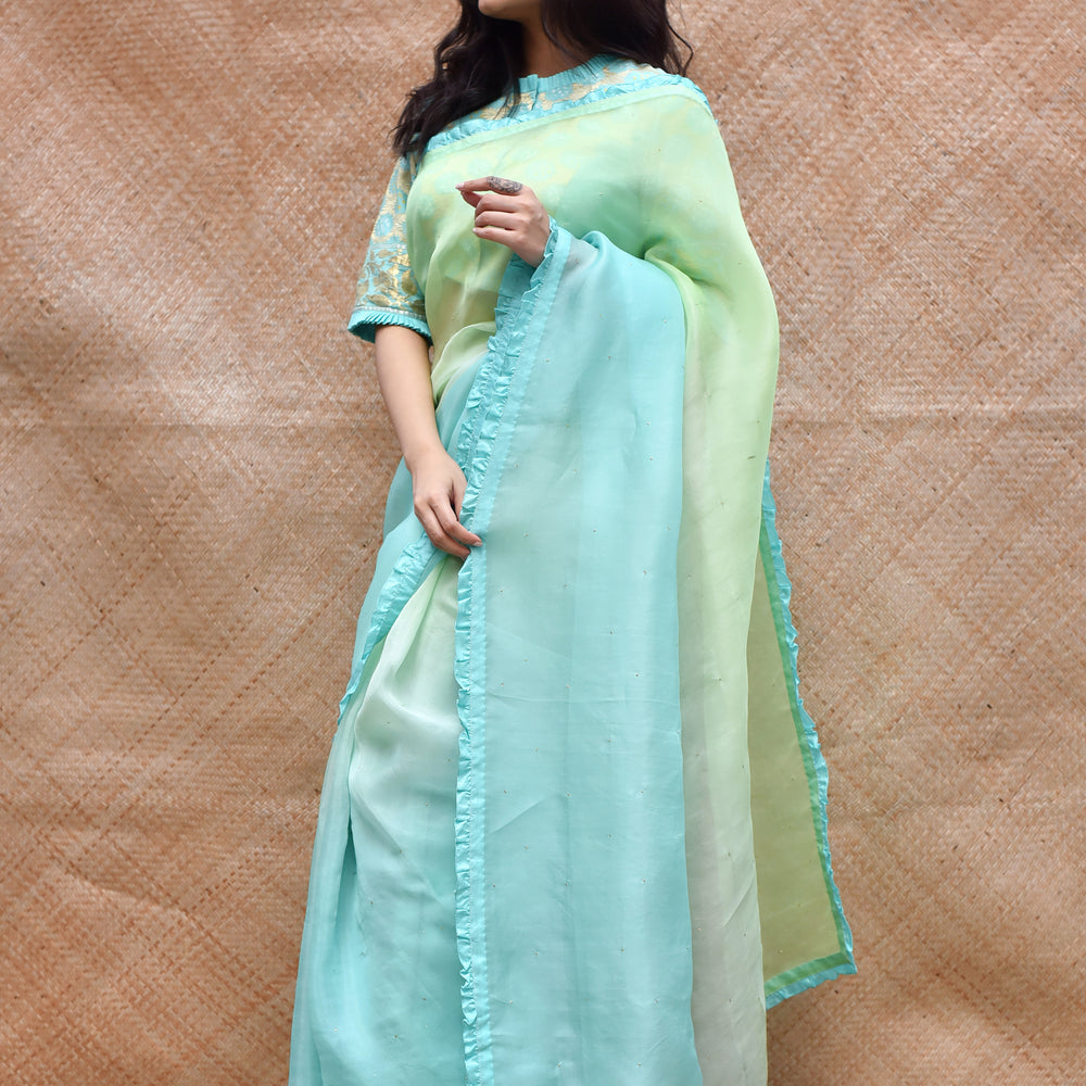 Shaded Organza Saree with Bandhani Blouse - Sky Blue + Green