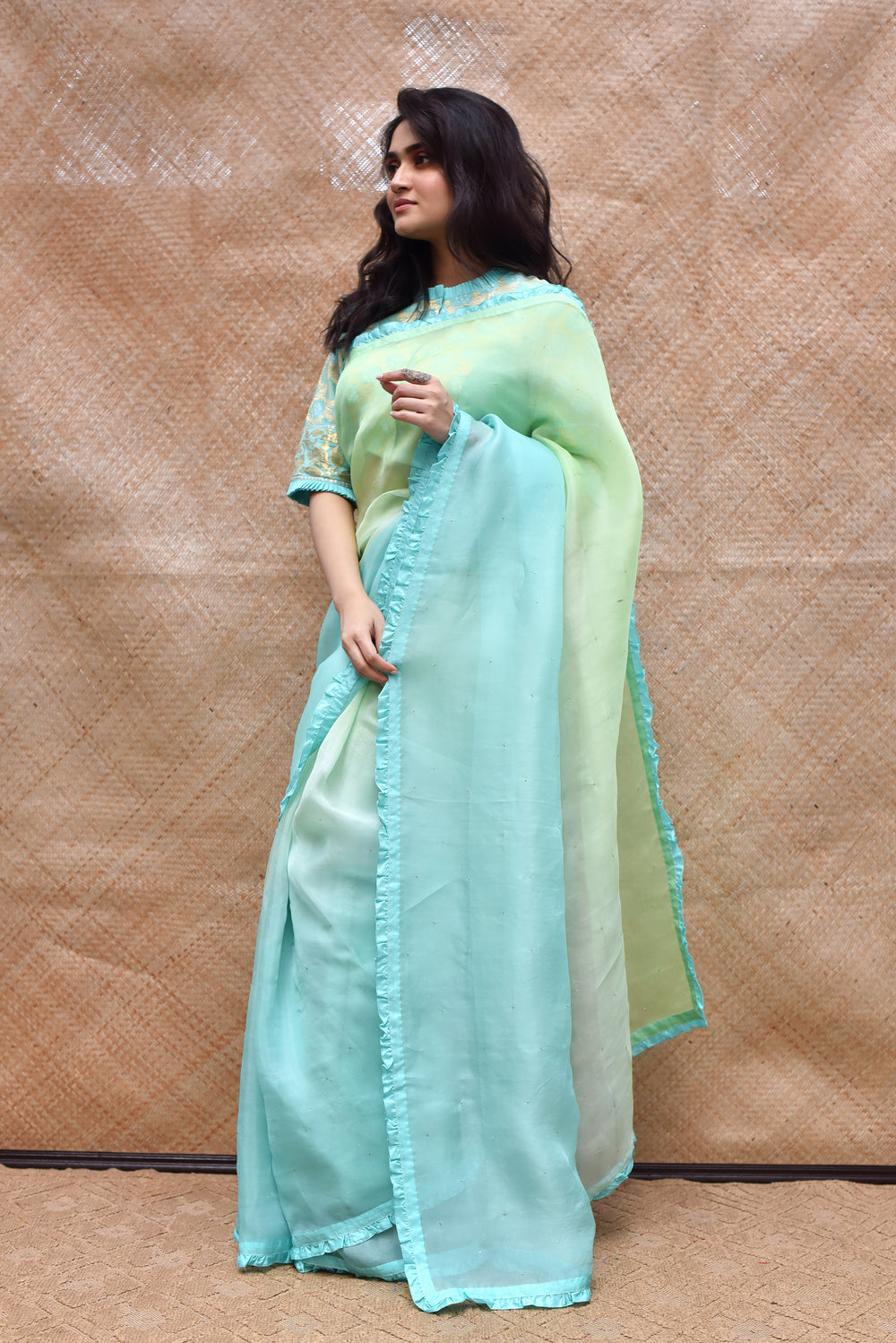 Shaded Organza Saree with Bandhani Blouse - Sky Blue + Green