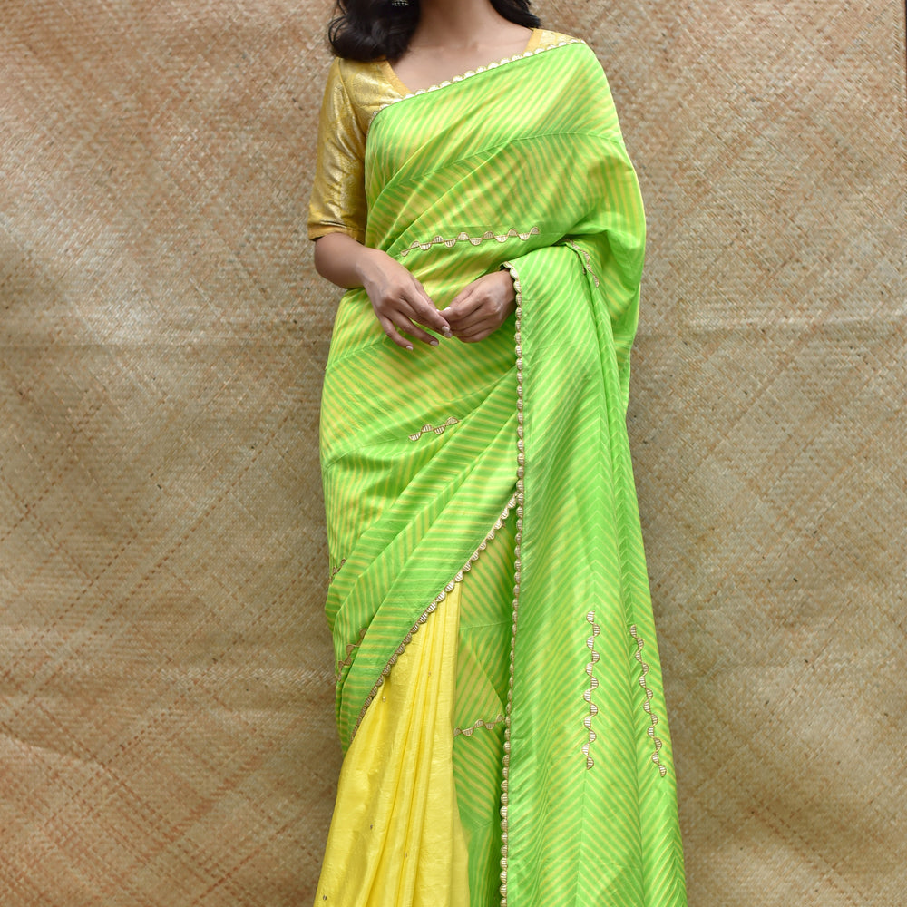 
                      
                        Arashi on Pure Silk Saree with Gota Patti - Yellow Green
                      
                    