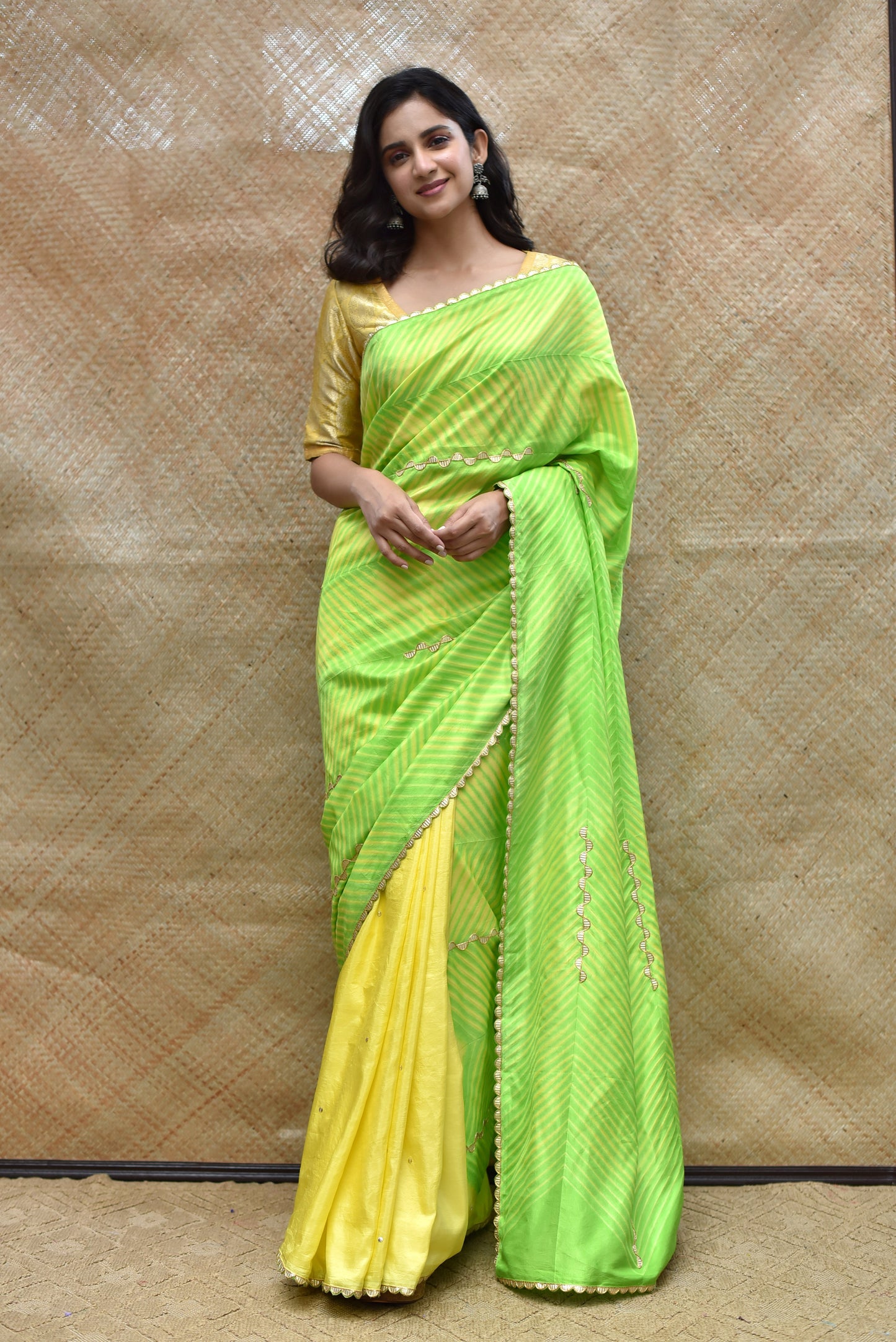 Arashi on Pure Silk Saree with Gota Patti - Yellow Green