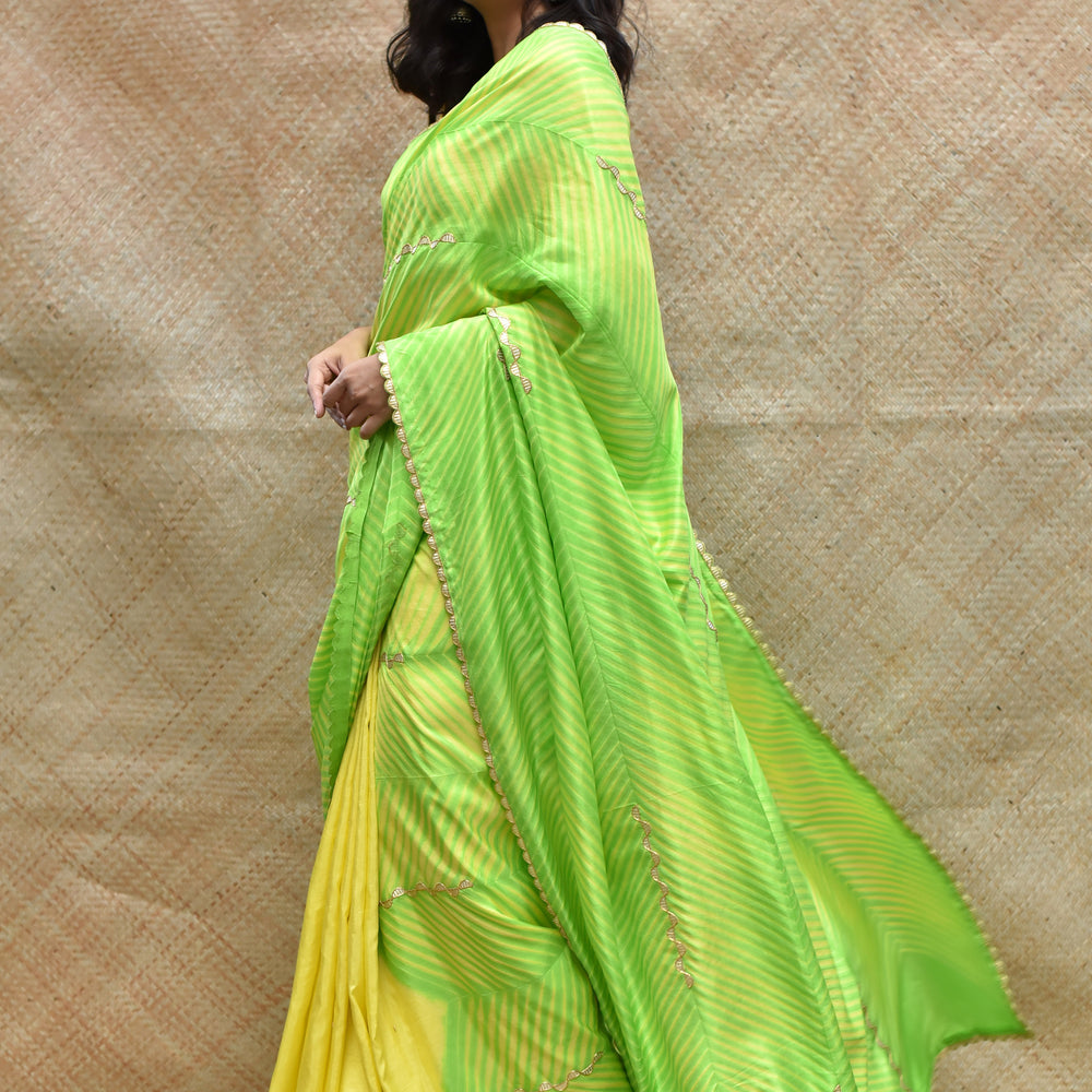 
                      
                        Arashi on Pure Silk Saree with Gota Patti - Yellow Green
                      
                    