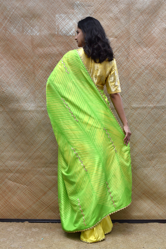 Arashi on Pure Silk Saree with Gota Patti - Yellow Green
