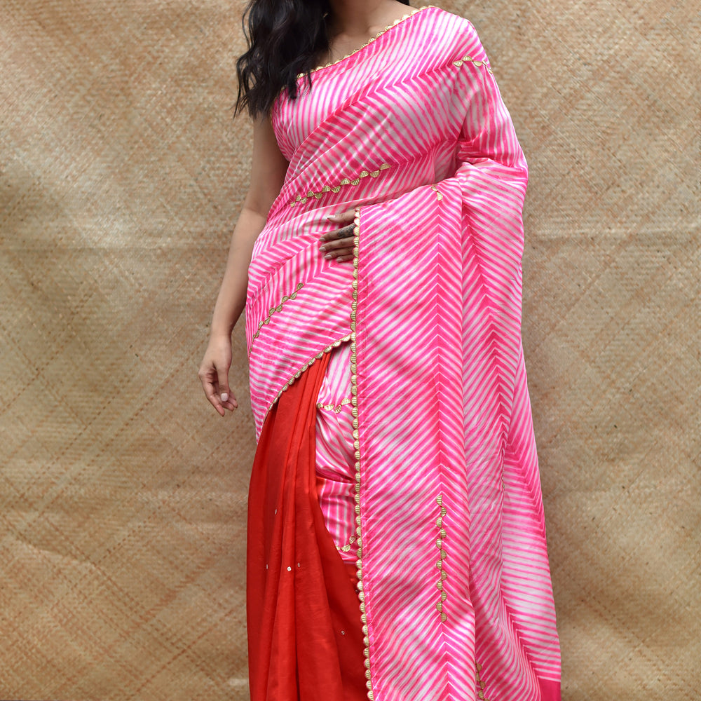 
                      
                        Arashi on Pure Silk Saree with Gota Patti - Pink Red
                      
                    