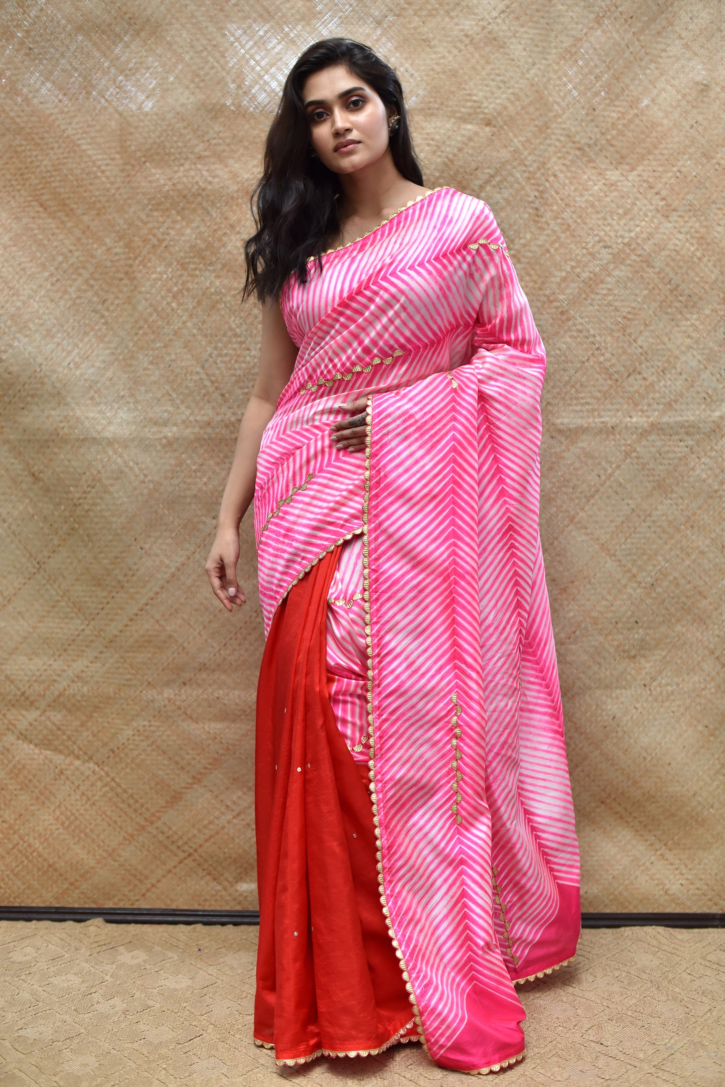 Arashi on Pure Silk Saree with Gota Patti - Pink Red