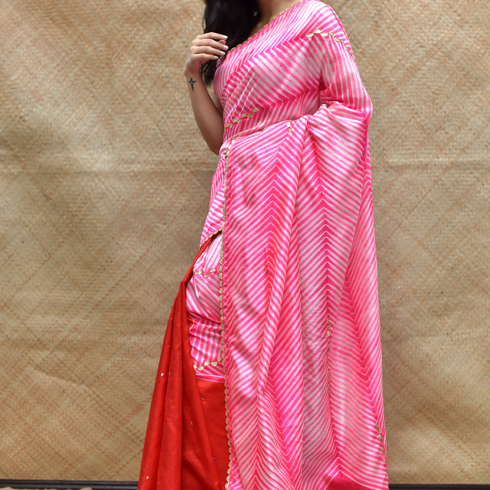 
                      
                        Arashi on Pure Silk Saree with Gota Patti - Pink Red
                      
                    