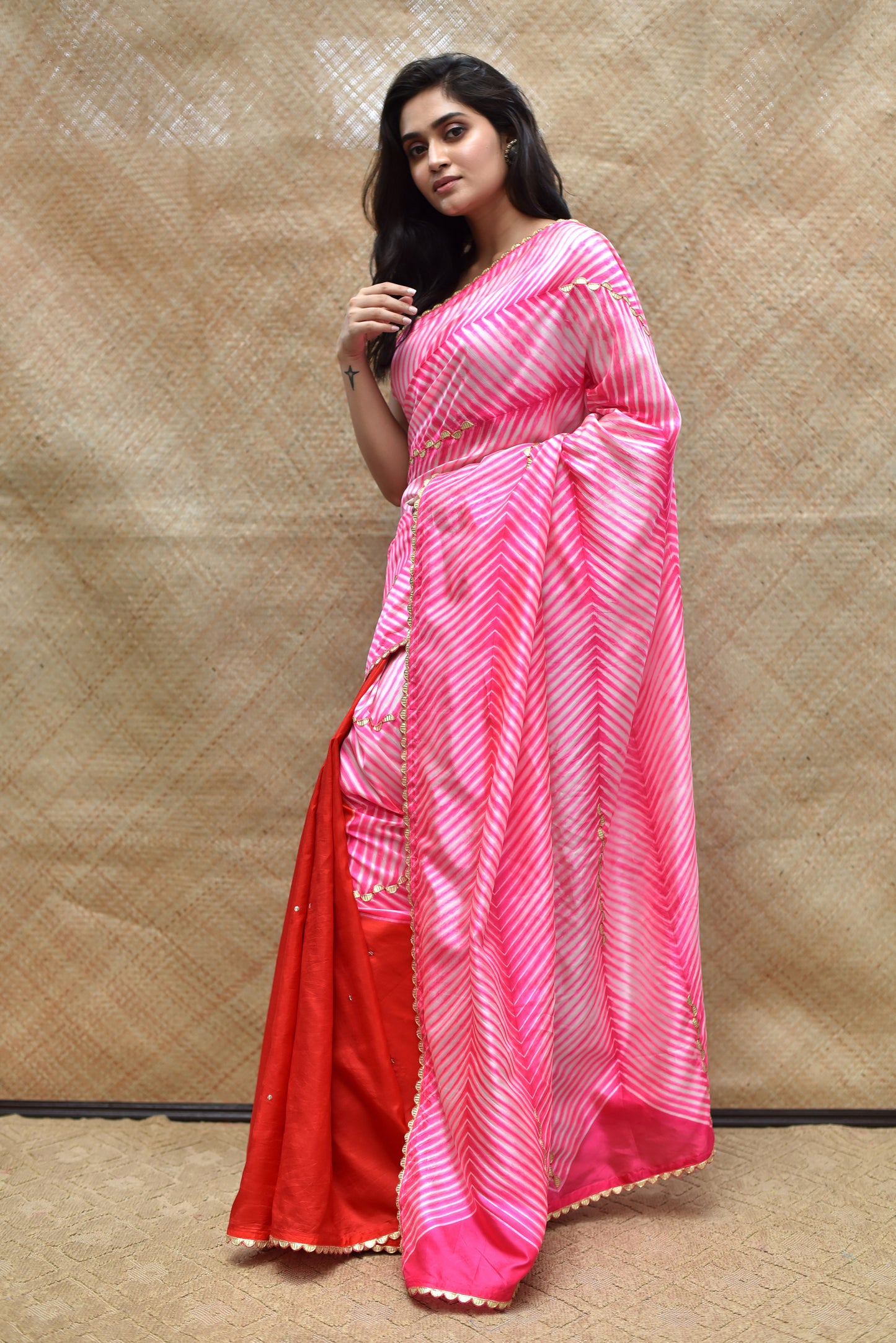 Arashi on Pure Silk Saree with Gota Patti - Pink Red